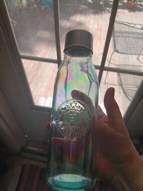 Starbucks Iridescent Glass Bottle - Turquoise & Rainbow Sheen